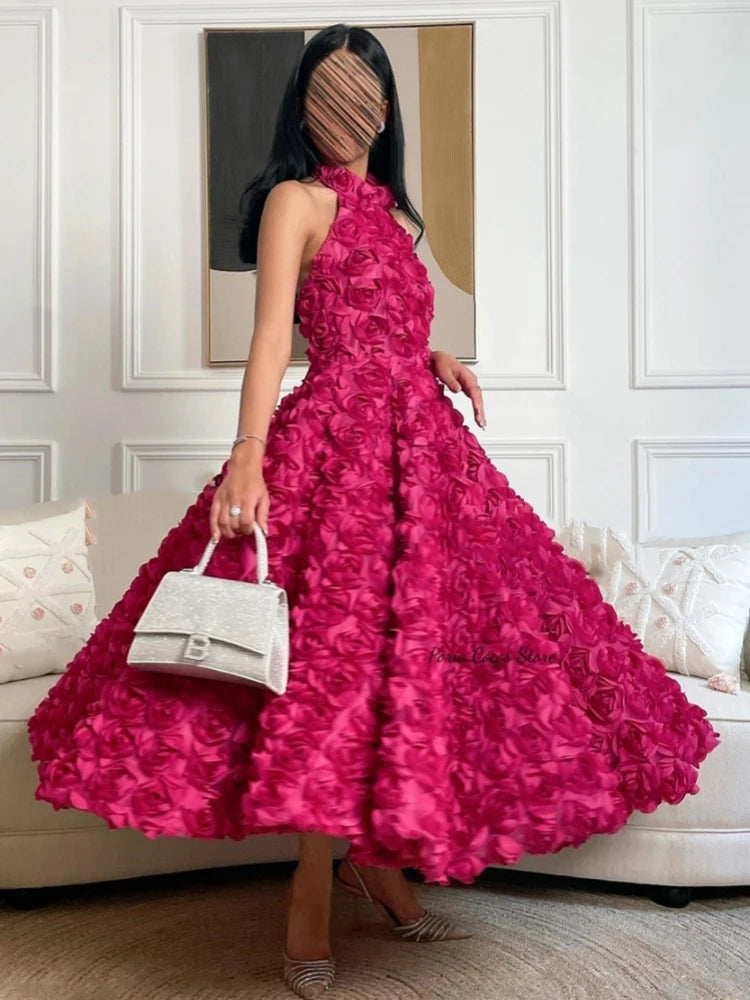 Customized Eleagnt Halter A-line Empire Party Dress 3D Flower Ankle Length Sleeveless Lace Formal Evening Gowns فستان 이브닝드레스
