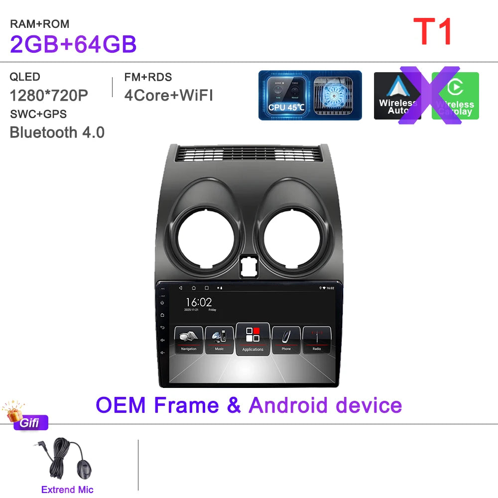 Android 16 Car Radio Carplay For Nissan Qashqai J10 2006 - 2013 Stereo Head Unit Multimedia Player No 2din DVD QLED Screen 5G