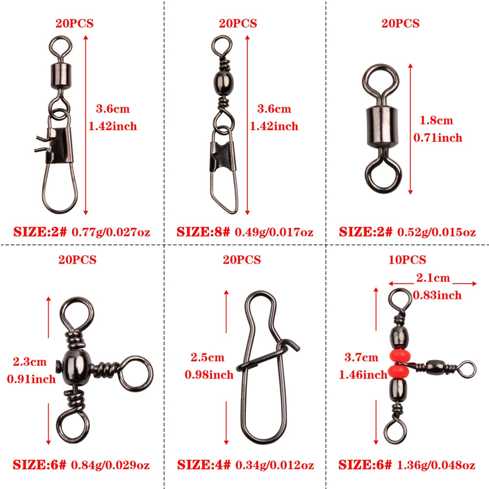 140 Parça Balıkçı Swivel Snap Kiti – Bilyalı Yataklı Fırdöndü, Üçlü Bağlantı ve Klips Seti