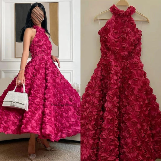 Maßgeschneidertes elegantes Neckholder A-Linien Empire Partykleid mit 3D-Blumen, knöchellang, ärmellos, Spitze, formelle Abendrobe فستان 이브닝드레스