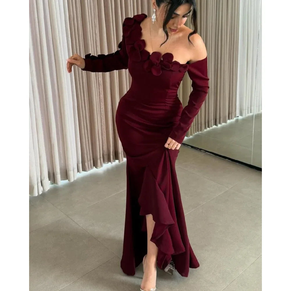 Burgundy Evening Dress for Women Elegant Off Shouler Flowers Ankle Length Mermaid Prom Gown Long Sleeves Formal Dress Customized