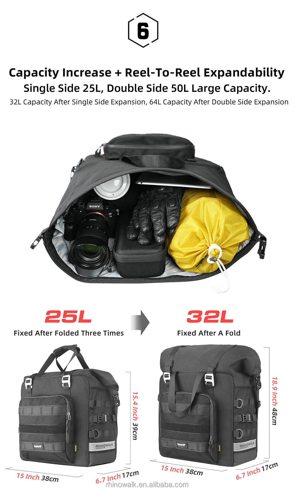 Rhinowalk Motorcycle Side Bag, 25l Motorbike Seat Saddle Tail Bag ADV Motorcycle Rear Rack Travel Luggages - 1 Piece