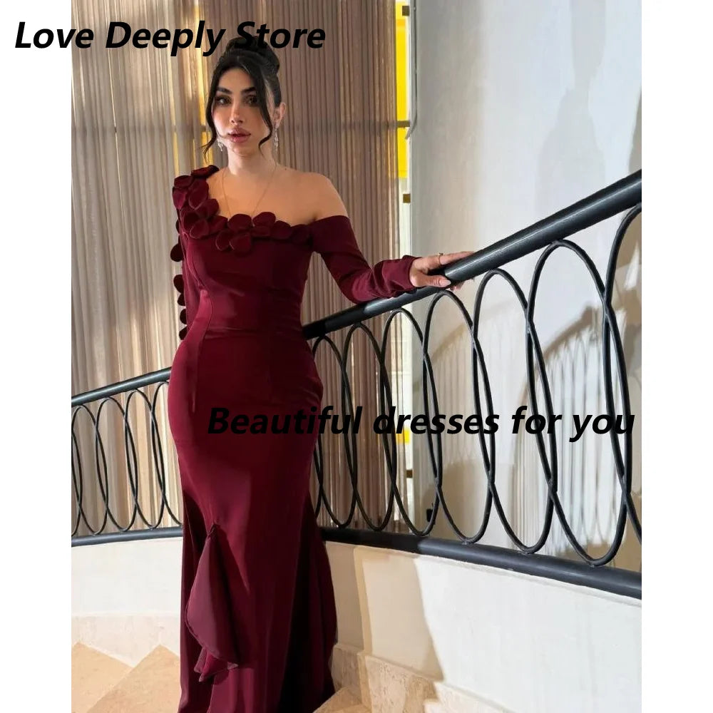 Burgundy Evening Dress for Women Elegant Off Shouler Flowers Ankle Length Mermaid Prom Gown Long Sleeves Formal Dress Customized