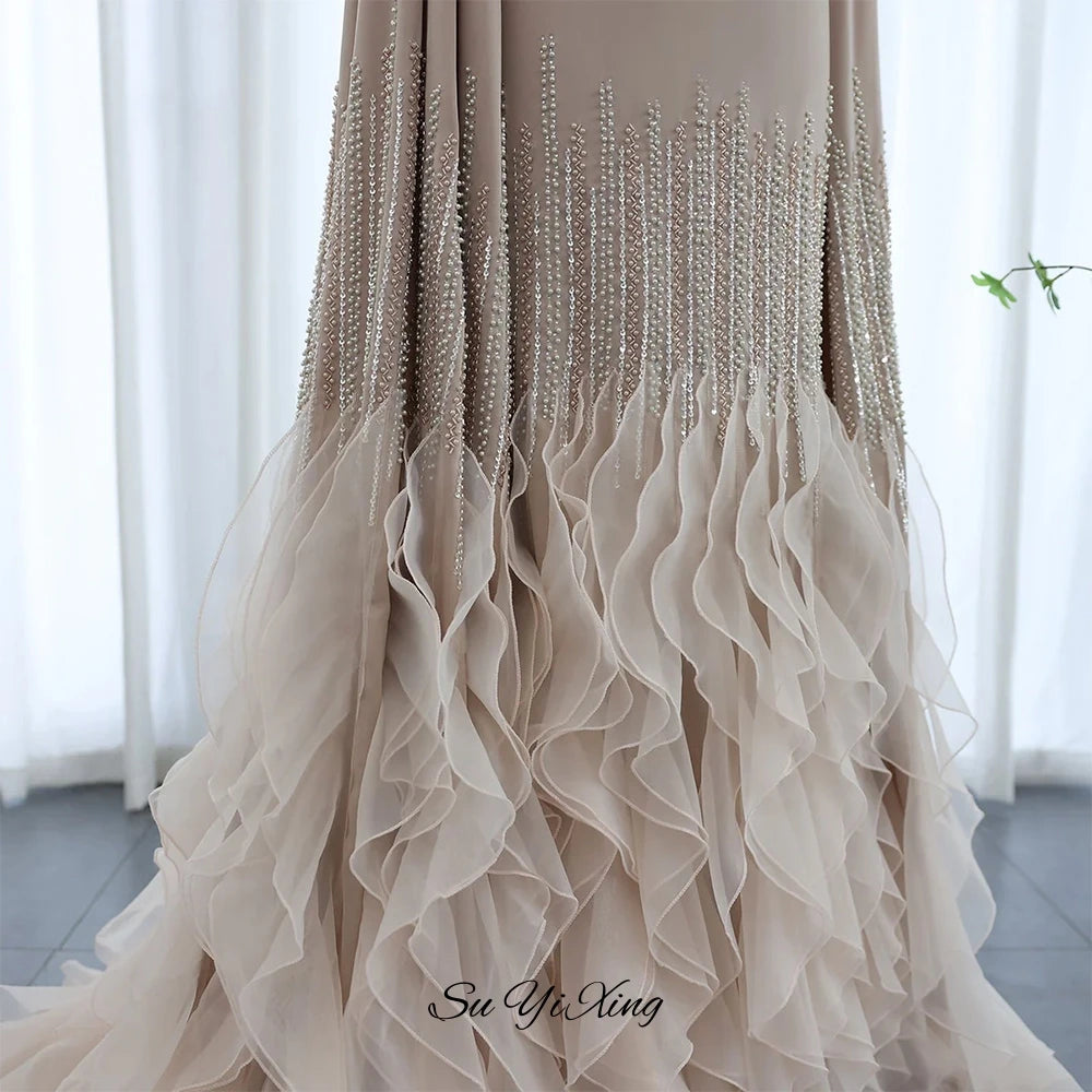 Classic Long Sleeves Organza Party Dress Temperament O-Neck Customized Evening Dress Elegant Pearls Sequined Prom Gown with Belt
