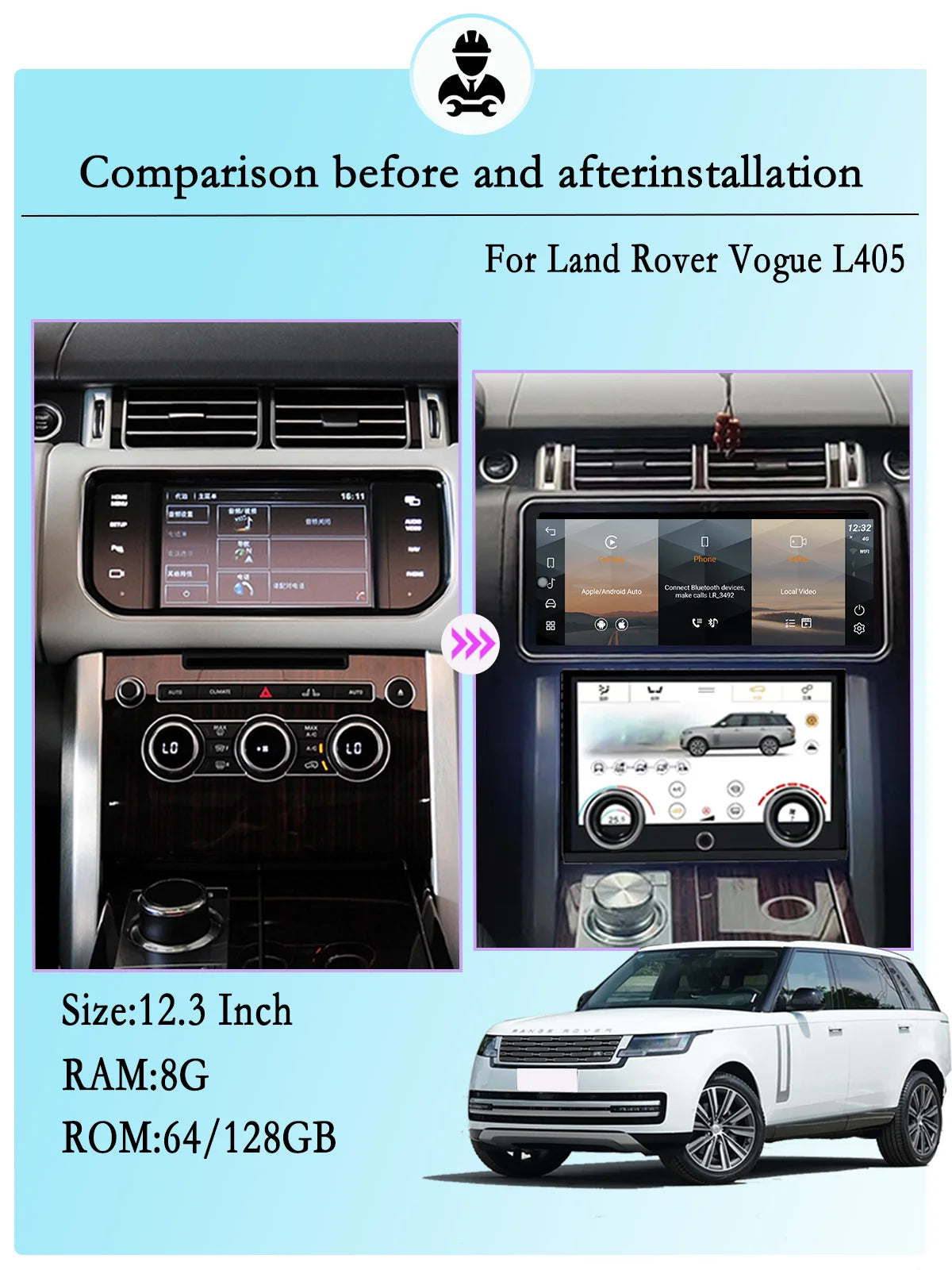 12.3" For Range Rover Vogue L405 2013-2017 Android 14 multimedia player car GPS radio Carplay automatically retains OEM menu