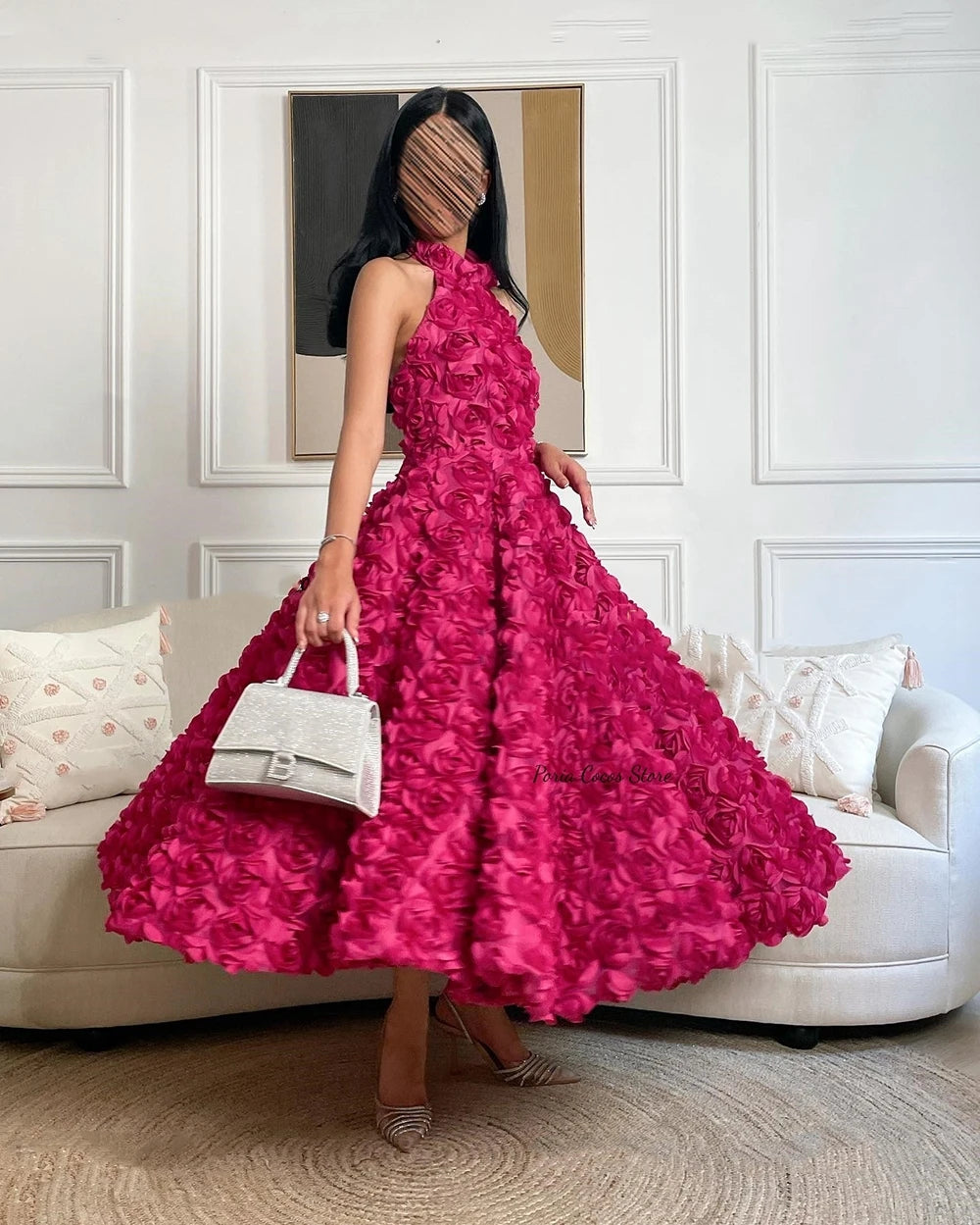 Customized Eleagnt Halter A-line Empire Party Dress 3D Flower Ankle Length Sleeveless Lace Formal Evening Gowns فستان 이브닝드레스