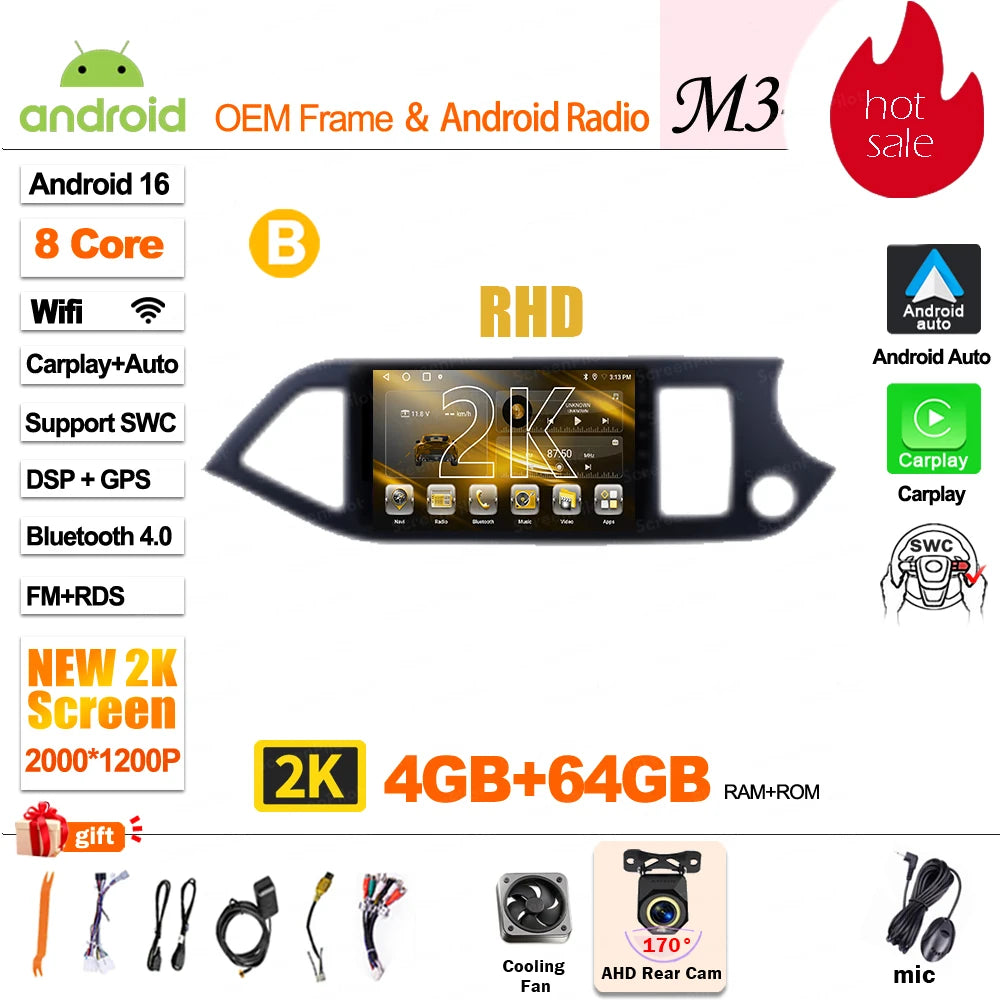 For KIA PICANTO Morning 2 2011 2012 - 2015 2016 Android 16 Car Radio Multimedia Video WIFI Player GPS Wireless Auto RSD DSP
