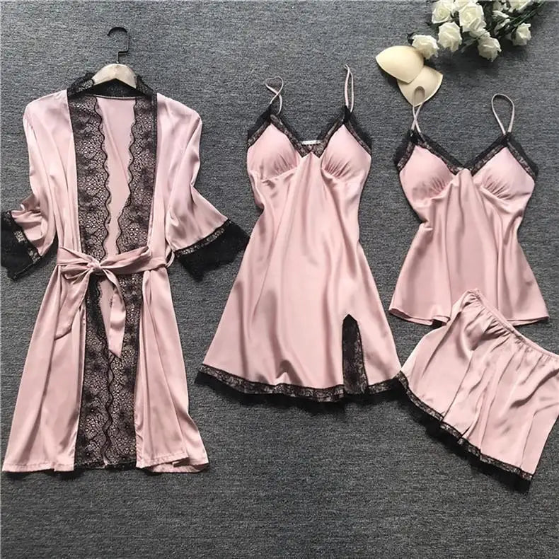 Ladies Ice Silk Sexy 4 Piece Pajama Set Camisole Nightgown with Robe Lace Design Built In Chest Pad Comfortable Loungewear