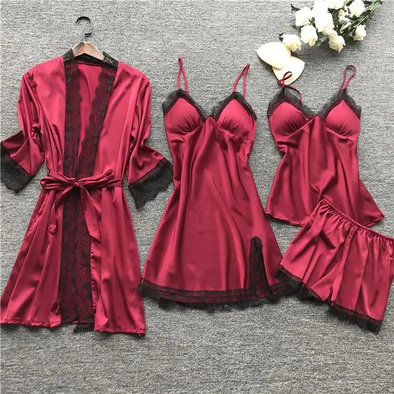 Ladies Ice Silk Sexy 4 Piece Pajama Set Camisole Nightgown with Robe Lace Design Built In Chest Pad Comfortable Loungewear