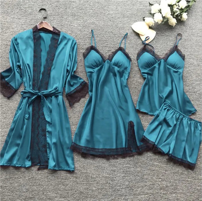 Ladies Ice Silk Sexy 4 Piece Pajama Set Camisole Nightgown with Robe Lace Design Built In Chest Pad Comfortable Loungewear