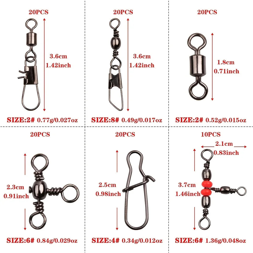 140 Parça Balıkçı Swivel Snap Kiti – Bilyalı Yataklı Fırdöndü, Üçlü Bağlantı ve Klips Seti