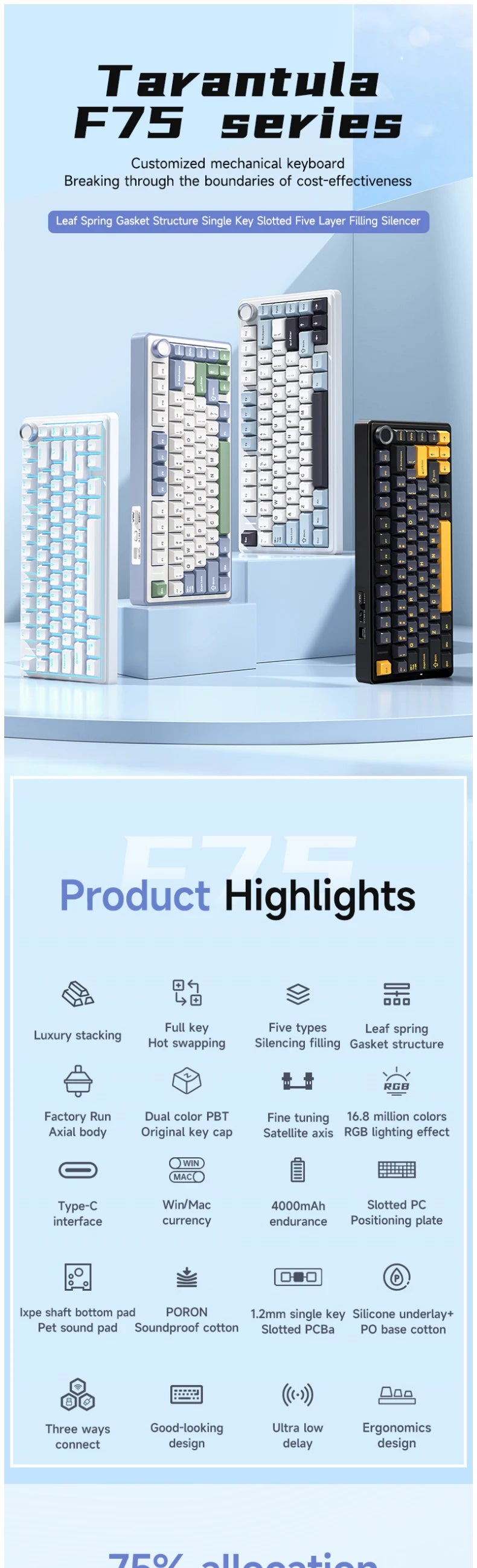 AULA F75 Mekanik Oyun Klavyesi – RGB, 75%, Tri-Mode (2.4G/Bluetooth/Kablo), Gasket Yapı, Gradient Tasarım