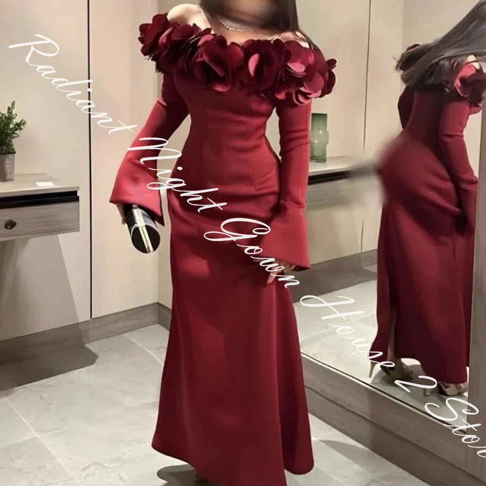 CustomizedTemperament Jersey Straight Off the Shoulder Ruffles Evening Dress Boat Neck Back Slit Long Sleeves Floor Length Burgu