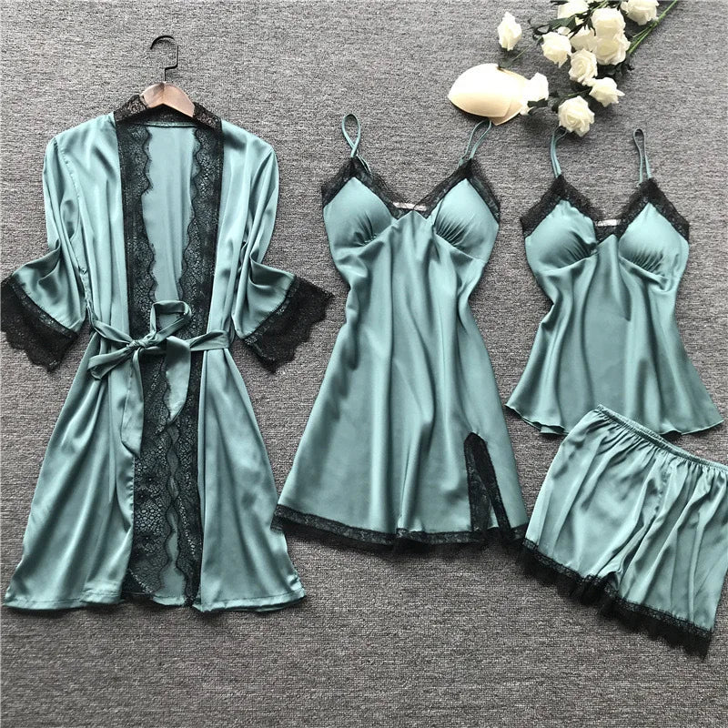 Ladies Ice Silk Sexy 4 Piece Pajama Set Camisole Nightgown with Robe Lace Design Built In Chest Pad Comfortable Loungewear