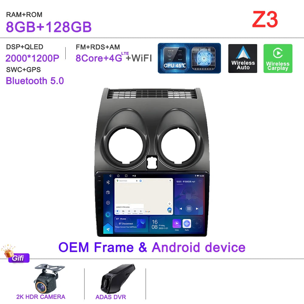 Android 16 Car Radio Carplay For Nissan Qashqai J10 2006 - 2013 Stereo Head Unit Multimedia Player No 2din DVD QLED Screen 5G