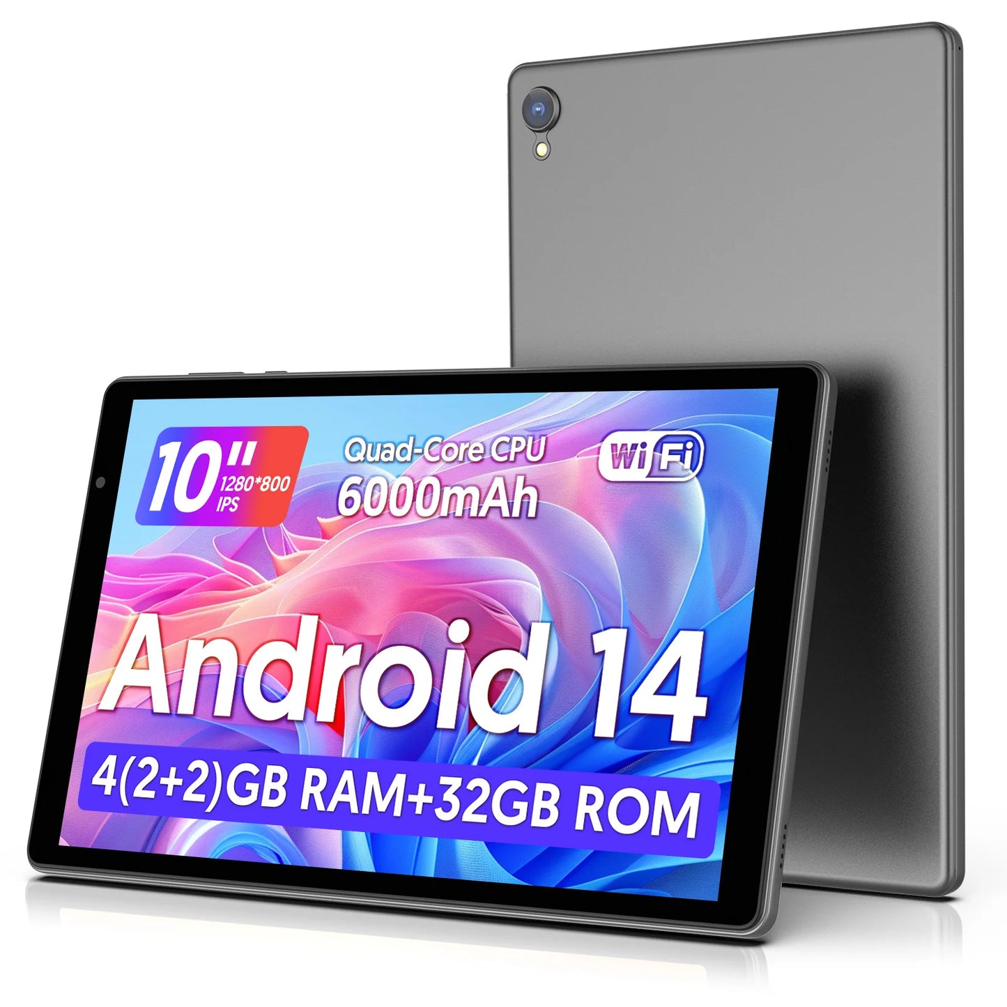 Android 14 Tablet 10 Zoll - Quad-Core-Prozessor, 5G WiFi, 4GB RAM + 32GB ROM, 1280x800 Bildschirm, 6000mAh Akku