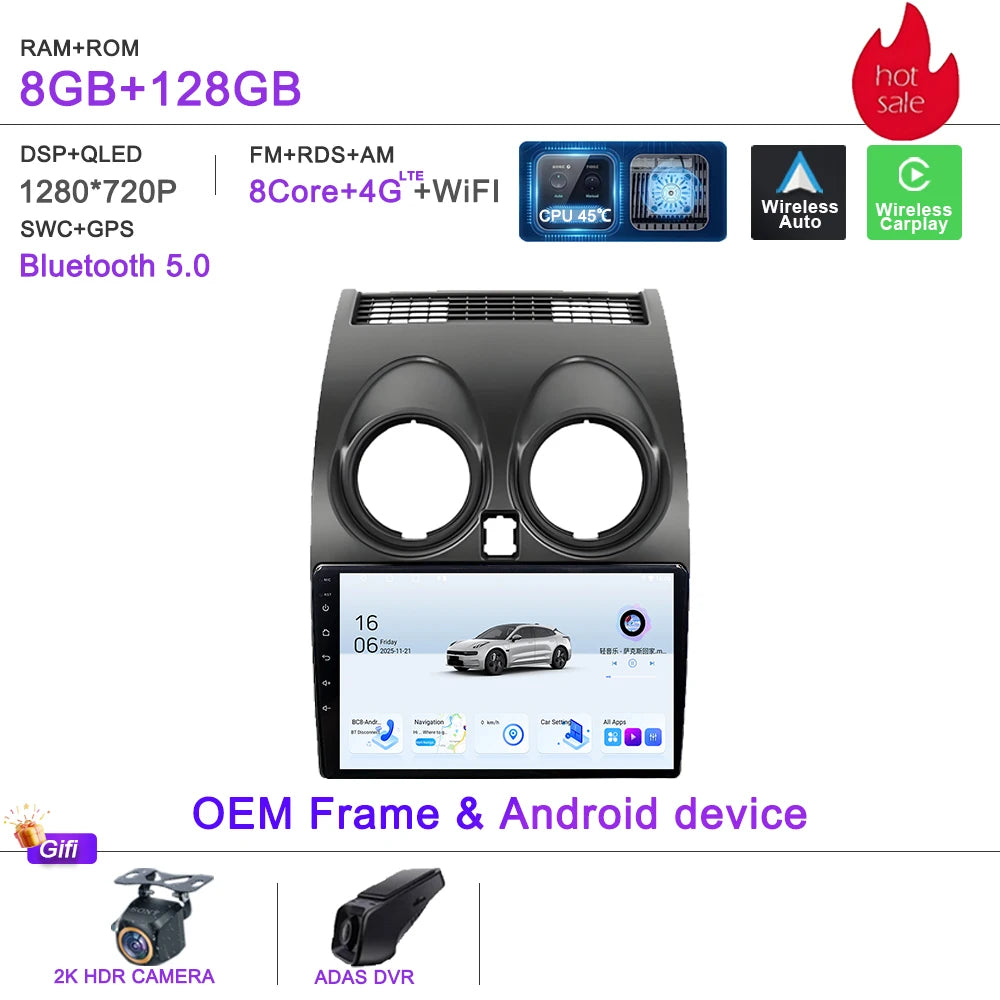 Android 16 Car Radio Carplay For Nissan Qashqai J10 2006 - 2013 Stereo Head Unit Multimedia Player No 2din DVD QLED Screen 5G