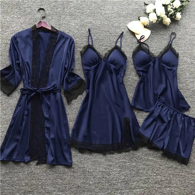 Ladies Ice Silk Sexy 4 Piece Pajama Set Camisole Nightgown with Robe Lace Design Built In Chest Pad Comfortable Loungewear
