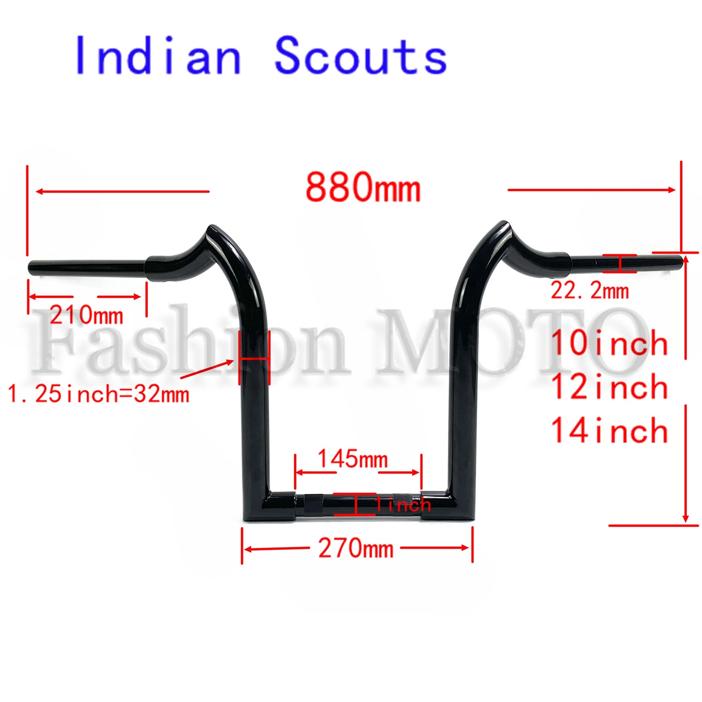 Motorcycle 1-1/4 inch Goat horn Handlebar 10"/12"/14" HandleBar For Indian Scouts Hussar Bobber Custom Handlebar Steering Wheel