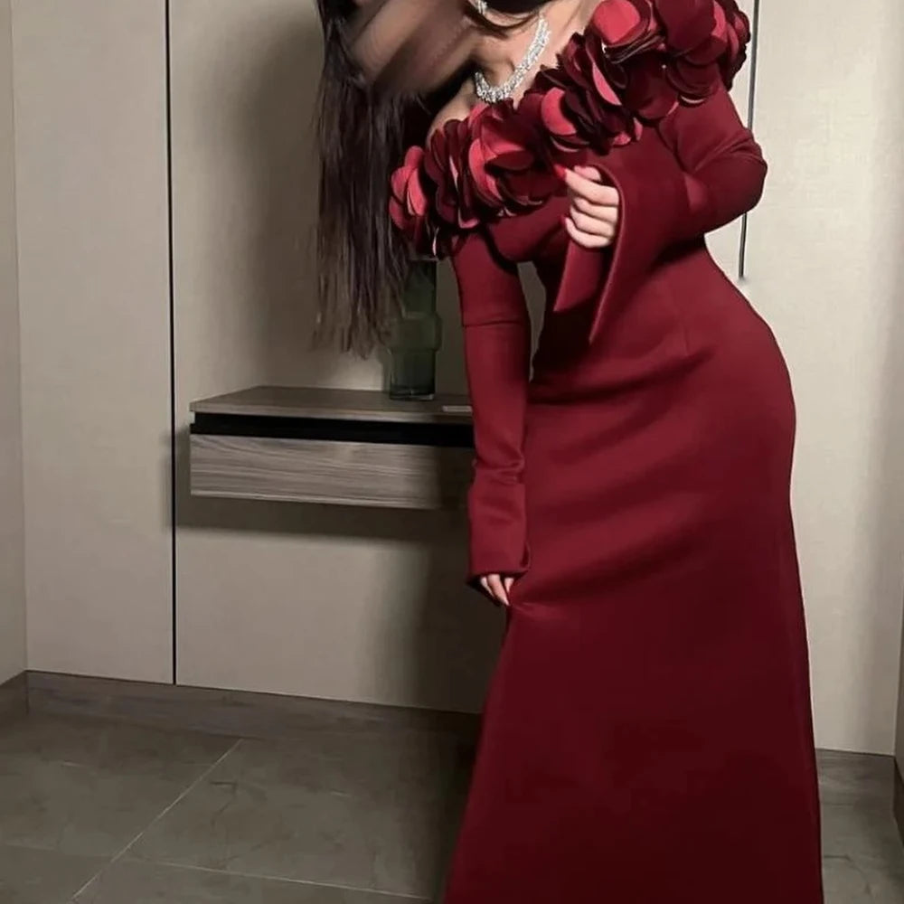 CustomizedTemperament Jersey Straight Off the Shoulder Ruffles Evening Dress Boat Neck Back Slit Long Sleeves Floor Length Burgu