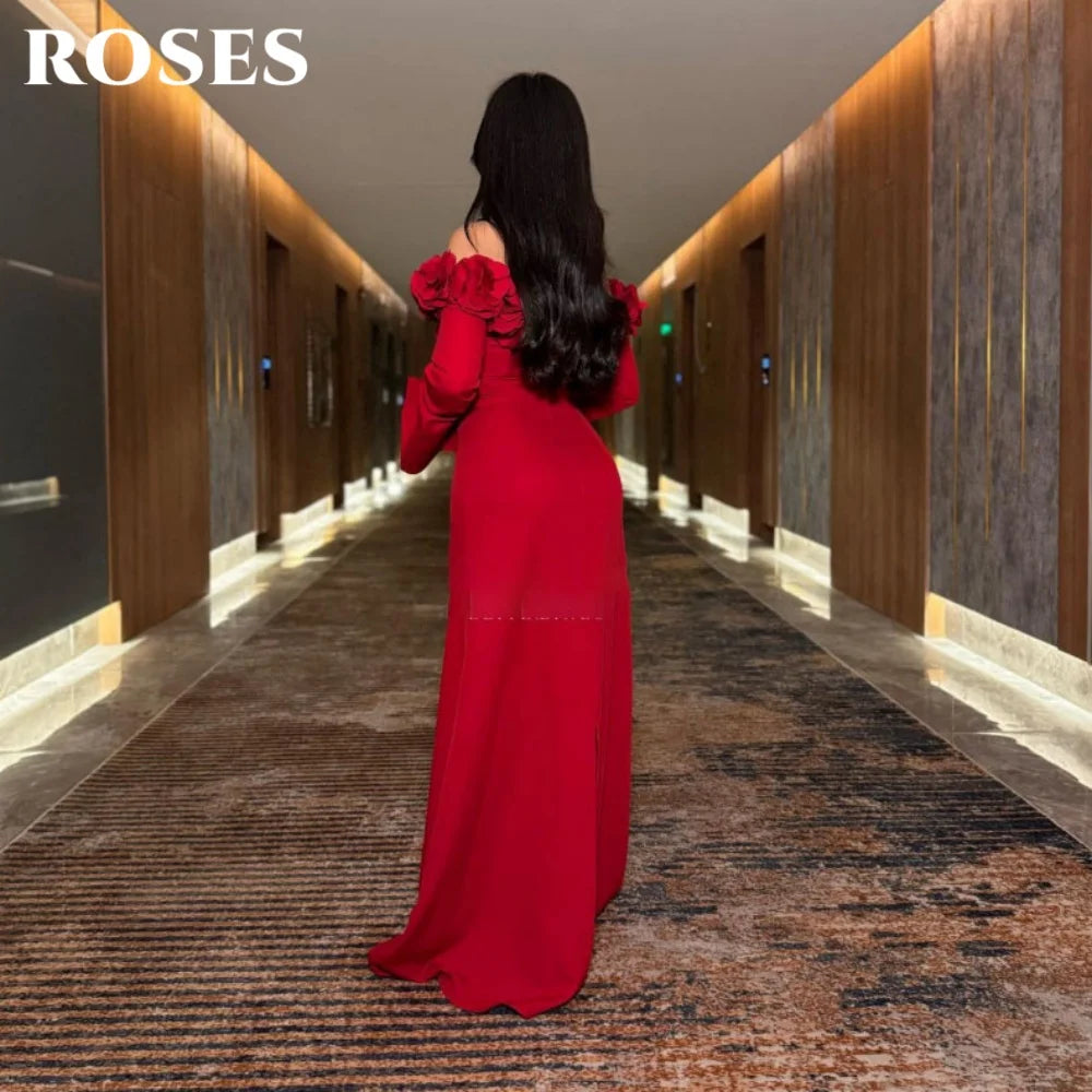 ROSES Red Elegant Party Dresses Off Shoulder Night Dresses with Pleats Satin Full Sleeve Celebrity Dress for Woman Customized