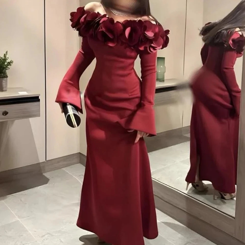 CustomizedTemperament Jersey Straight Off the Shoulder Ruffles Evening Dress Boat Neck Back Slit Long Sleeves Floor Length Burgu
