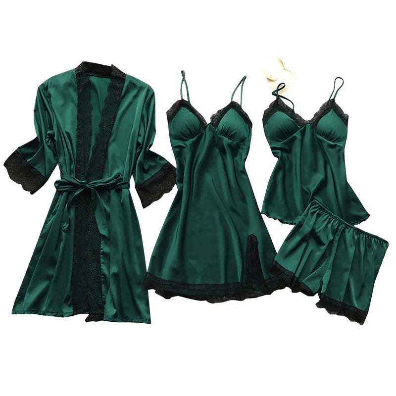 Ladies Ice Silk Sexy 4 Piece Pajama Set Camisole Nightgown with Robe Lace Design Built In Chest Pad Comfortable Loungewear