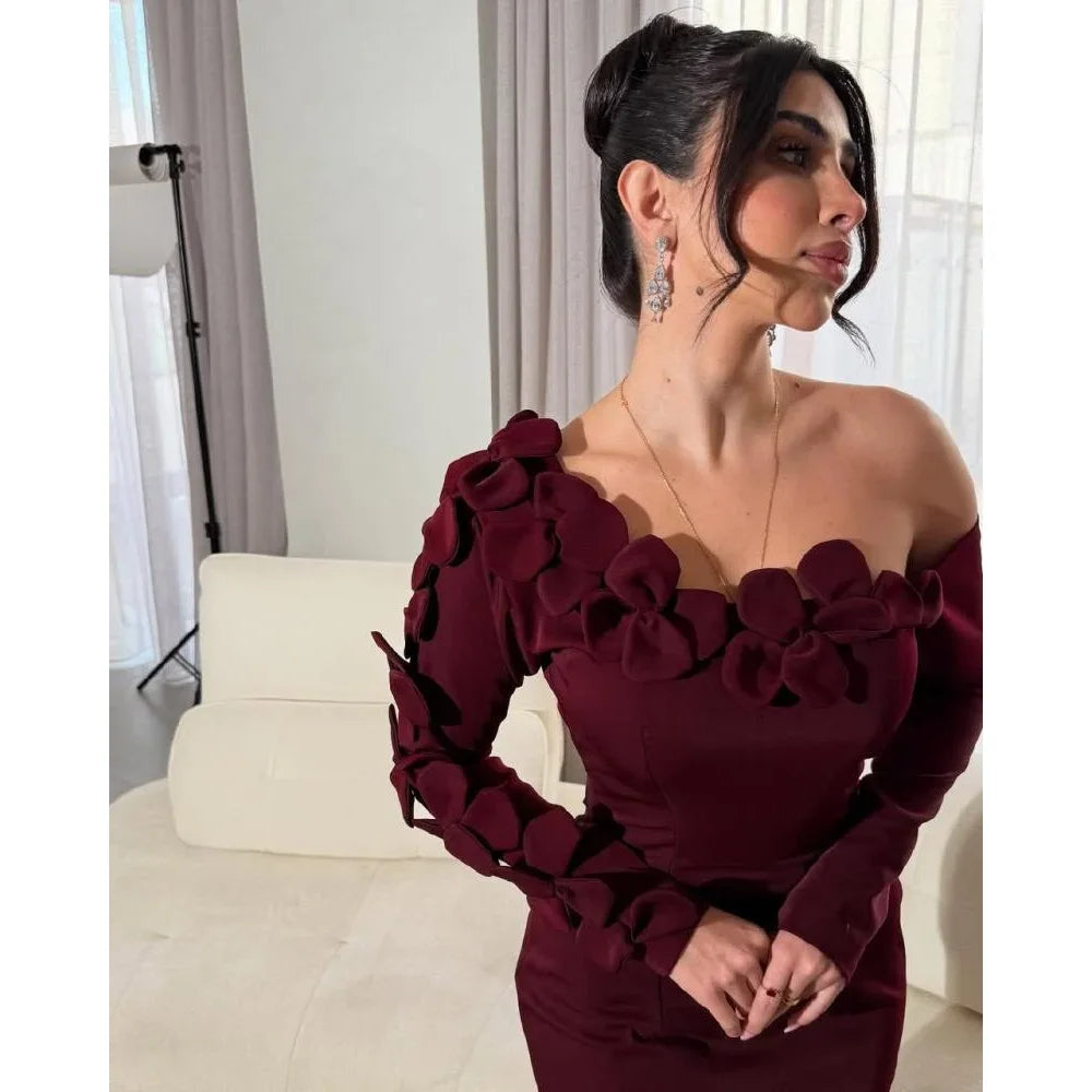 Burgundy Evening Dress for Women Elegant Off Shouler Flowers Ankle Length Mermaid Prom Gown Long Sleeves Formal Dress Customized