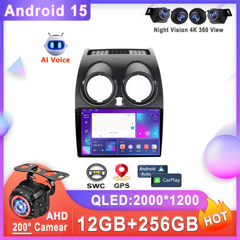 Car Android 15 Auto Radio For Nissan Qashqai 1 J10 2006 - 2013 Multimedia Player Stereo Head Unit No 2din DVD QLED Screen 2K 5G