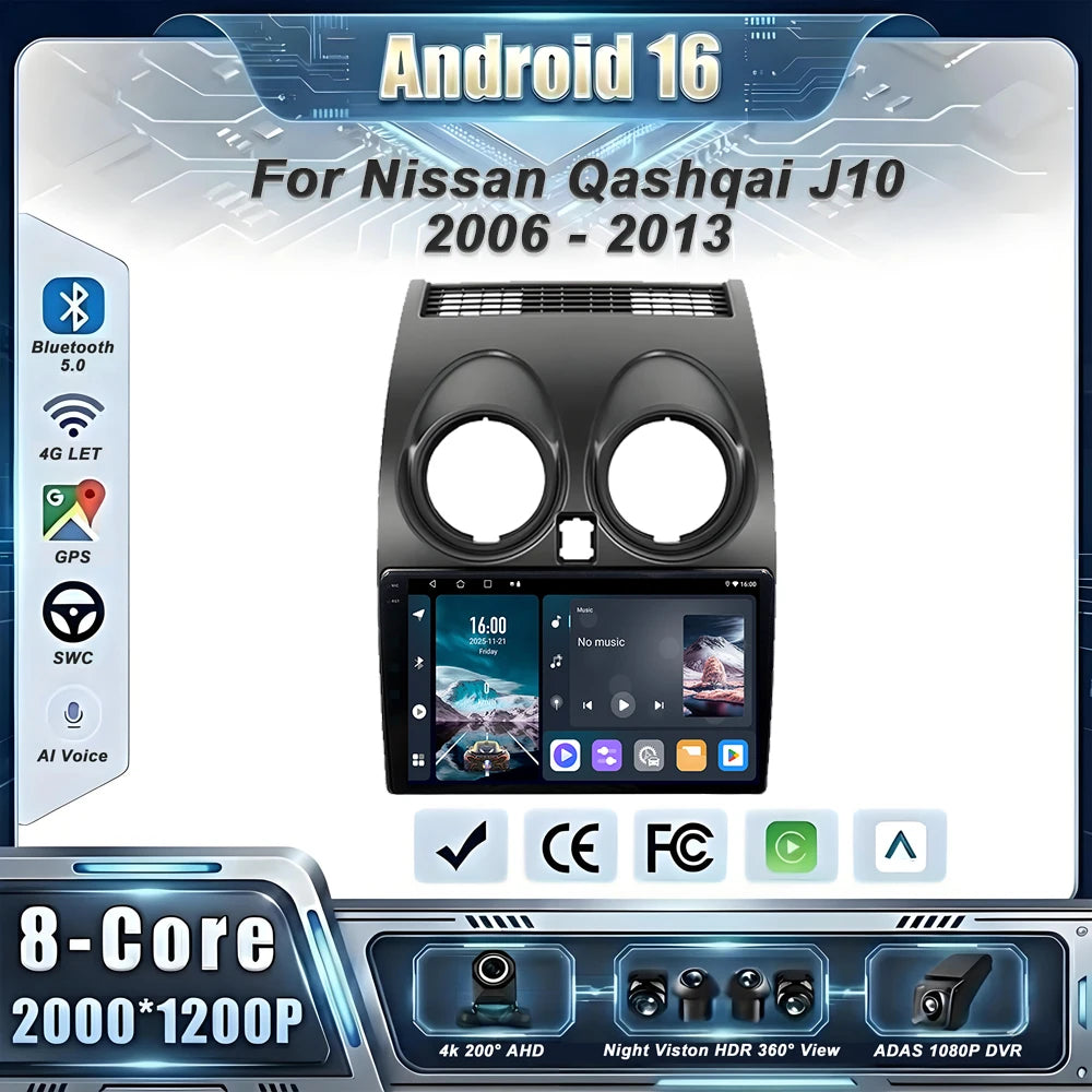 Android 16 Car Radio Carplay For Nissan Qashqai J10 2006 - 2013 Stereo Head Unit Multimedia Player No 2din DVD QLED Screen 5G