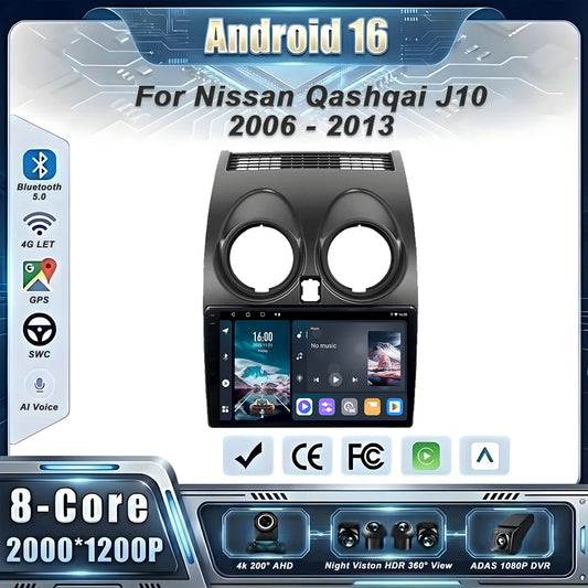 Android 16 Car Radio Carplay For Nissan Qashqai J10 2006 - 2013 Stereo Head Unit Multimedia Player No 2din DVD QLED Screen 5G