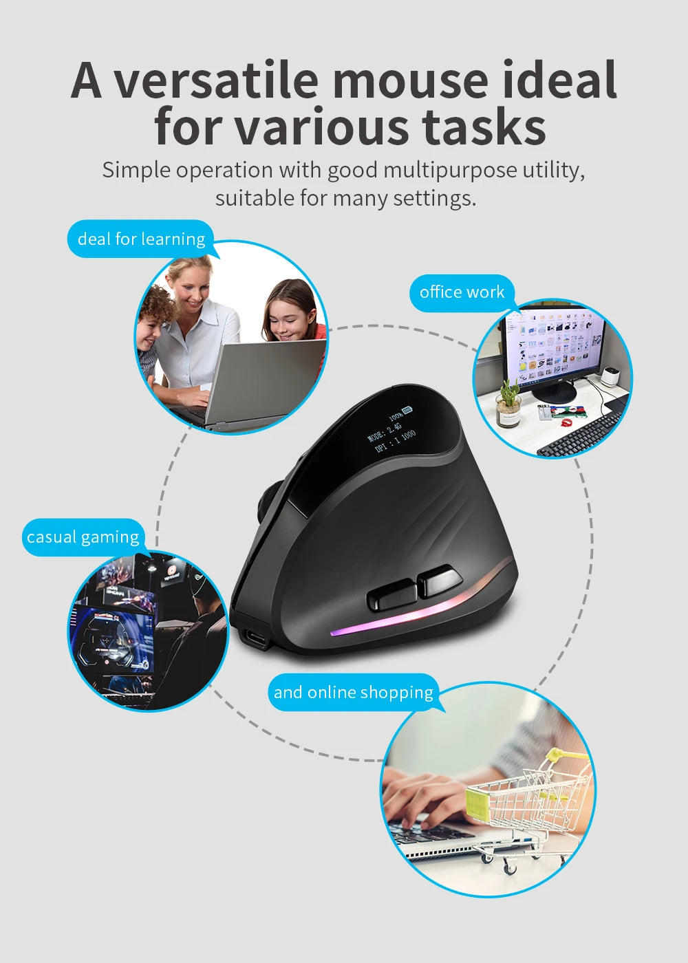 Lefon 2.4G Ergonomik Şarj Edilebilir Kablosuz Dikey Mouse - PC, Laptop ve MacOS Uyumlu (F35C/F35B/F35)