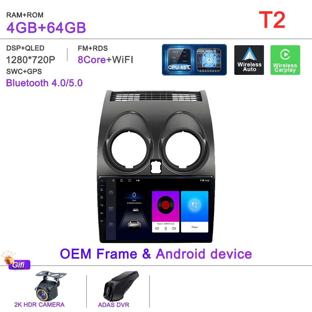 Android 16 Car Radio Carplay For Nissan Qashqai J10 2006 - 2013 Stereo Head Unit Multimedia Player No 2din DVD QLED Screen 5G