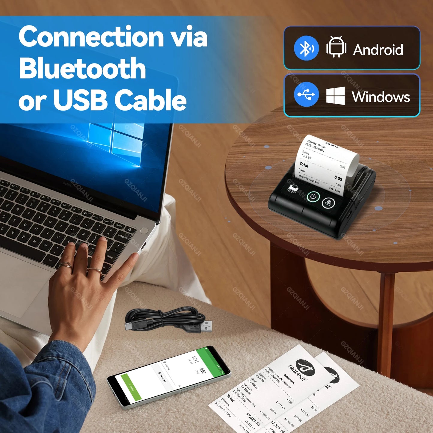 58-mm-Mini-Belegdrucker – Bluetooth, USB, kabelloser tragbarer POS-Drucker – kompatibel mit Android/iOS/PC