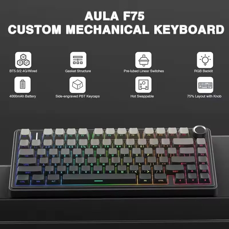 AULA F75 Mekanik Oyun Klavyesi – RGB, 75%, Tri-Mode (2.4G/Bluetooth/Kablo), Gasket Yapı, Gradient Tasarım