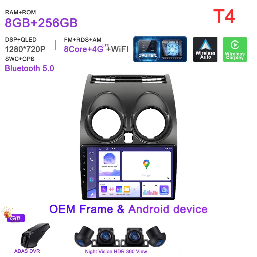 Android 16 Car Radio Carplay For Nissan Qashqai J10 2006 - 2013 Stereo Head Unit Multimedia Player No 2din DVD QLED Screen 5G