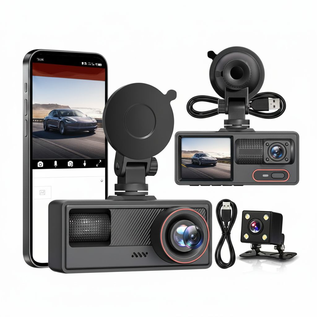 Neue HD 1080P Dreifach-Dashcam mit WiFi-Verbindung, Infrarot-Nachtsicht, Parküberwachung, Rückfahrkamera